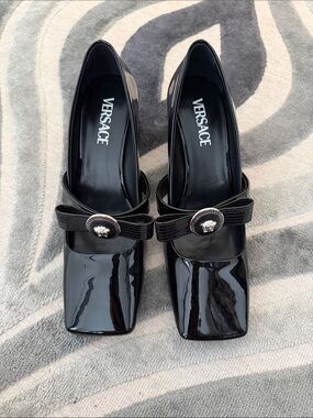 Versace Black Patent Leather Square-Toe Pumps with Bow and Medusa Accent